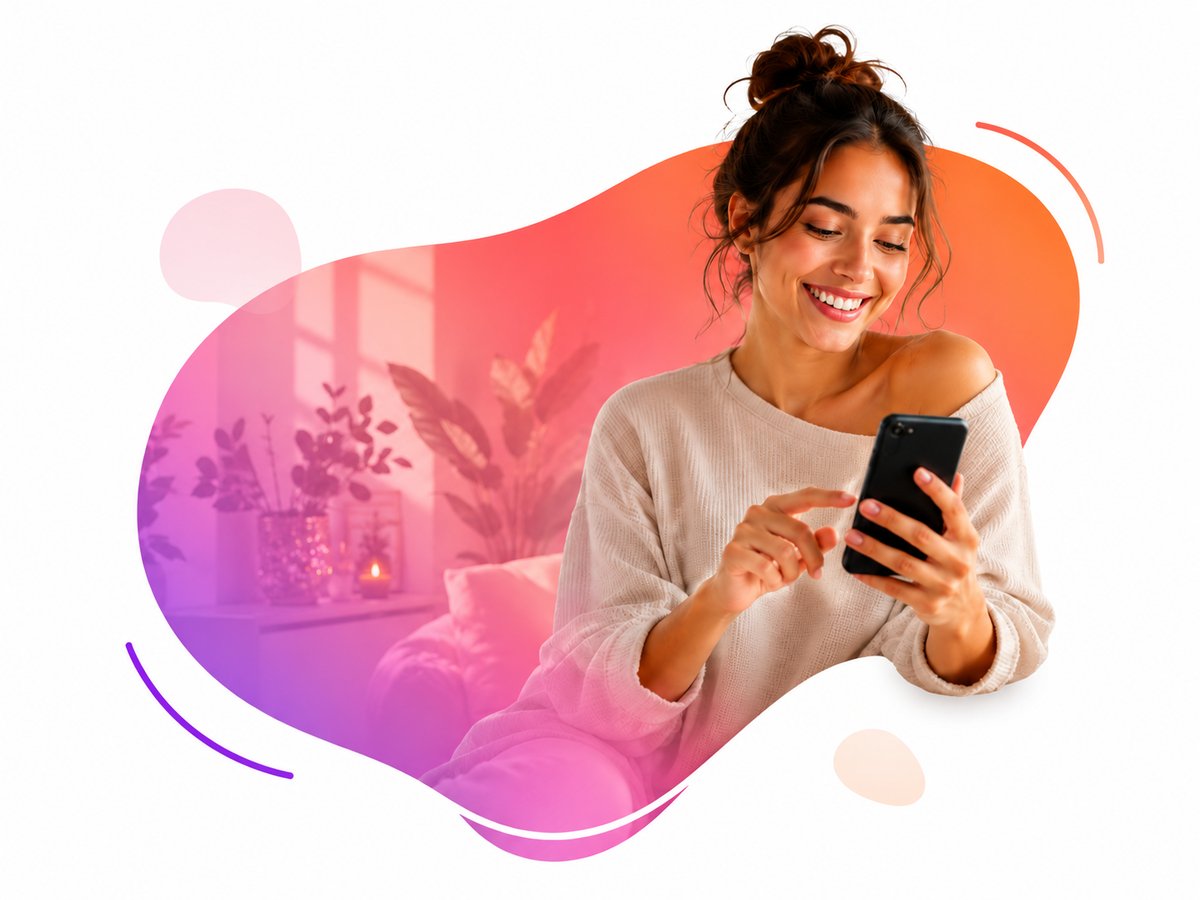 Pessoa sorrindo usando o celular para descobrir experiências no Meu Retiro